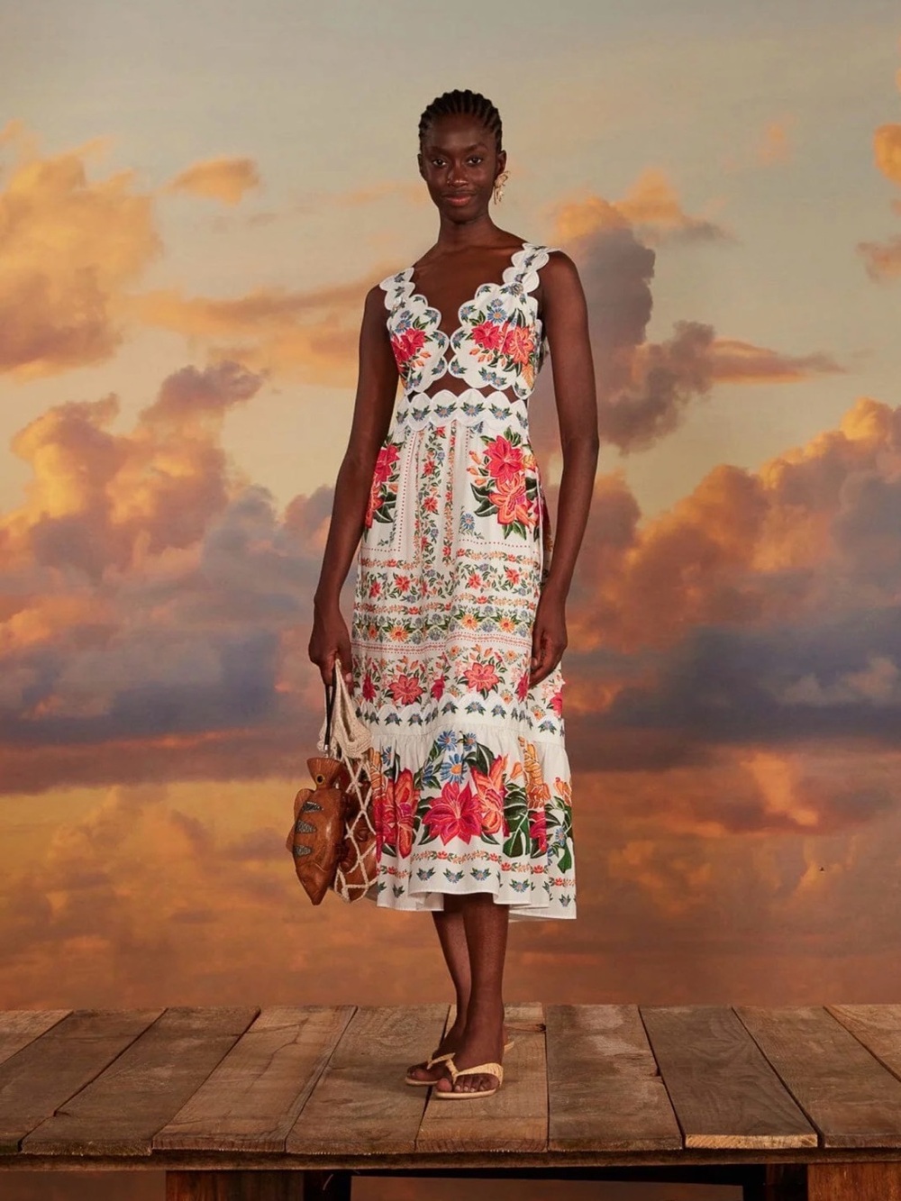 Farm Rio White Floral Midi Dress with Pink & Green Print